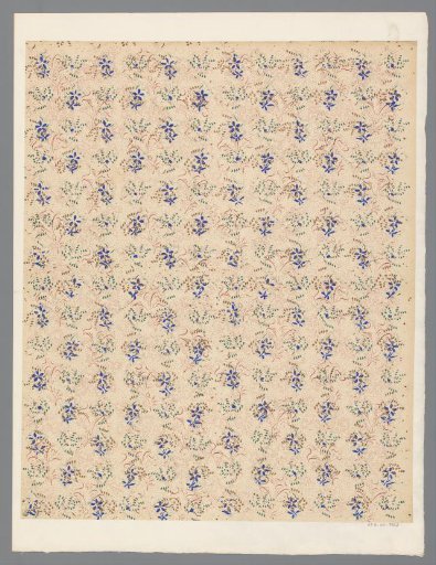 Sheet with scattered pattern of alternating flower motifs over a dot pattern