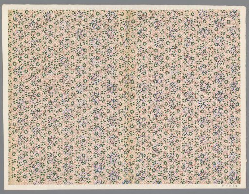Sheet with a scattered pattern of flowers with leaves and vines on a stippled ground