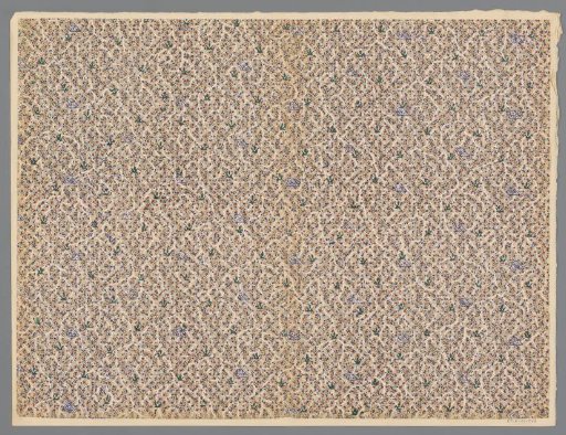 Sheet with all-over patterns of little stars and leaf and diamond motif over twigs and dotted ground
