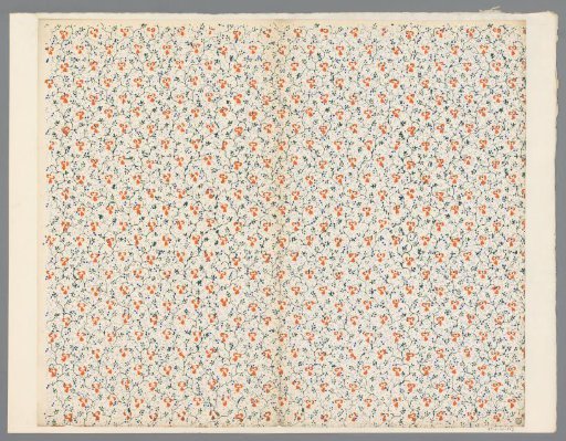 Sheet with all-over patterns of fantasy motif and triangles over vines with leaves and dotted lines