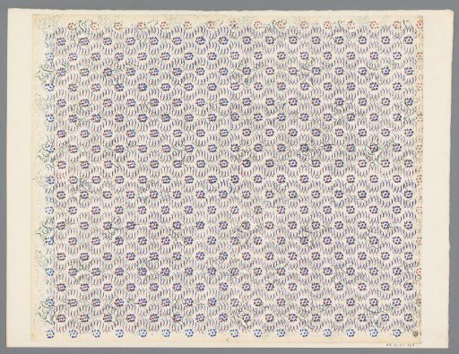 Sheet with all-over pattern of flower motif with scrolls and curved lines on dotted ground