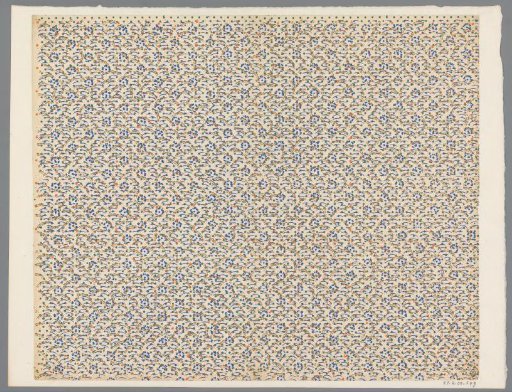 Sheet with all-over pattern of curved lines over a pattern of flower motif and stars on dotted ground