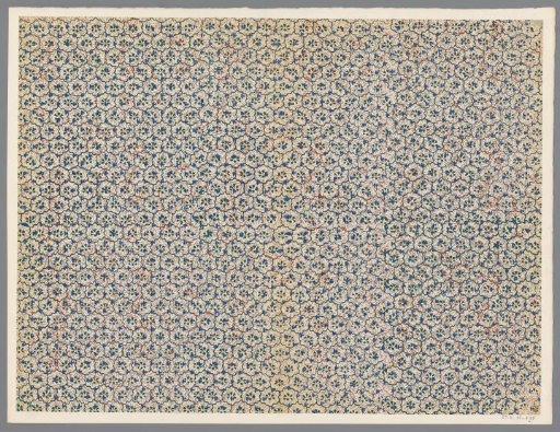 Sheet with band pattern of hexagonal shape with flower motif over a ground of finely branched scrolls