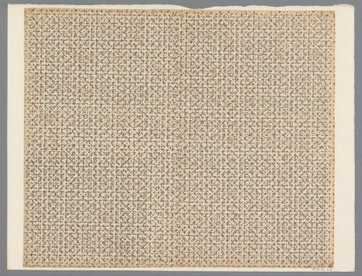 Sheet with alternating scattered pattern of leaf motif alternating with dots under pattern of crescents