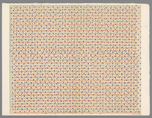 Sheet with scattered pattern of various motifs over band pattern