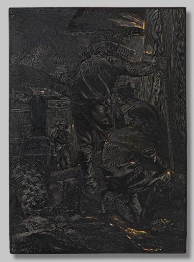 Four laborers working by the water