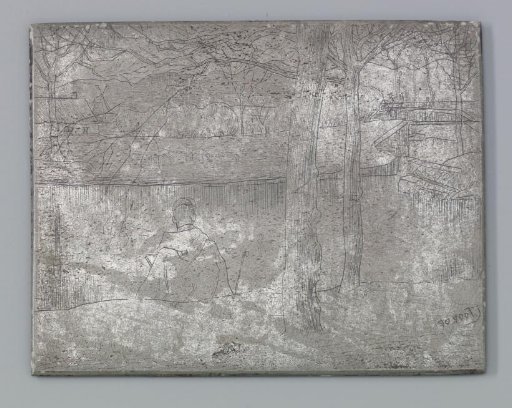 Landscape with a draftsman by the water, seen from behind