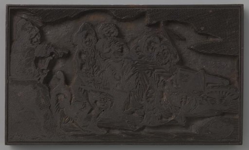 Four people pushing a handcart with a corpse on it