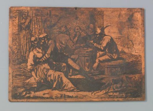 Loving couple and peasants sitting around a barrel