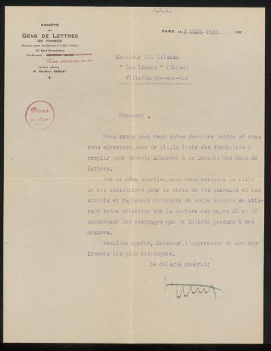 Letter to Philip Zilcken
