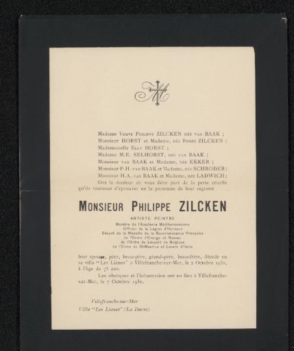 Death notice from the Philip Zilcken archive