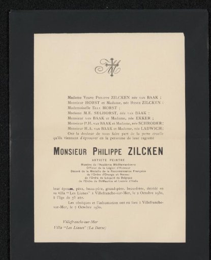 Obituary notice from the Philip Zilcken archive