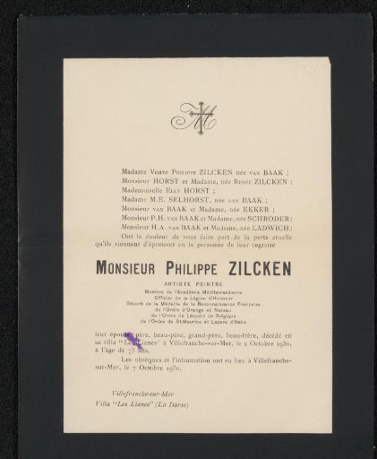 Obituary notice from the Philip Zilcken archive