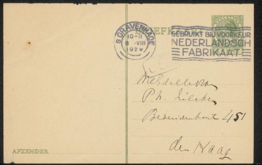 Postcard to Philip Zilcken
