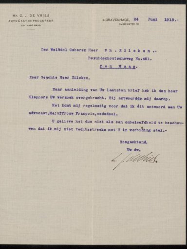 Letter to Philip Zilcken