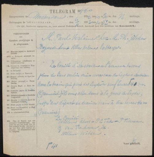 Telegram to Paul Verlaine and Philip Zilcken