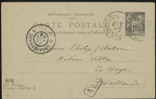 Postcard to Philip Zilcken