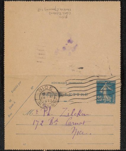 Postcard to Philip Zilcken