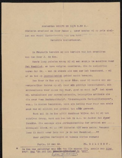 Brief aan Philip Zilcken