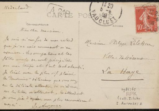 Postcard to Philip Zilcken