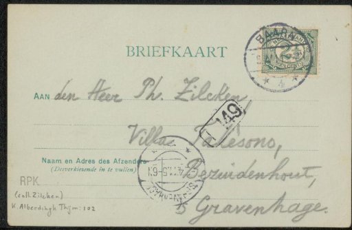 Postcard to Philip Zilcken