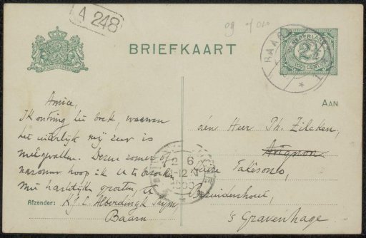 Postcard to Philip Zilcken