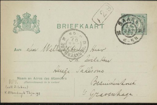 Postcard to Philip Zilcken