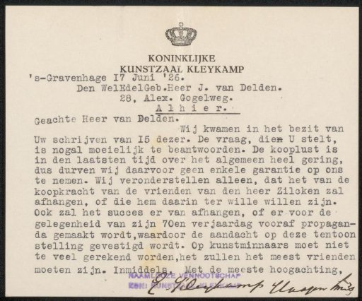 Letter to J. van Delden