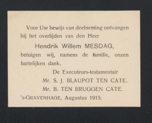 Thank-you card to Philip Zilcken and Henriette Wilhelmina van Baak