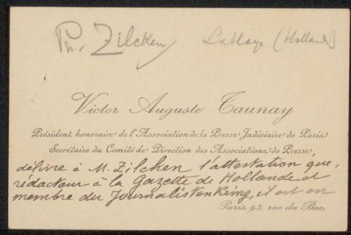 Calling card to Philip Zilcken