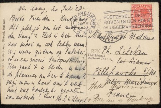 Picture Postcard to Henriette Wilhelmina van Baak and Philip Zilcken