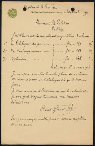 Letter to Philip Zilcken