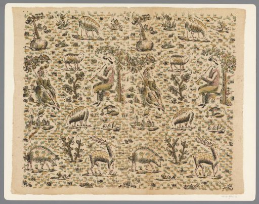 Sheet with a shepherd playing the flute and a seated shepherdess surrounded by animals