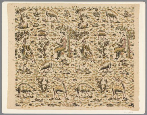 Sheet with a shepherd playing the flute and a seated shepherdess surrounded by animals