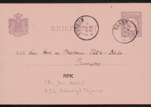 Postcard to Jan Veth and Anna Dorothea Dirks