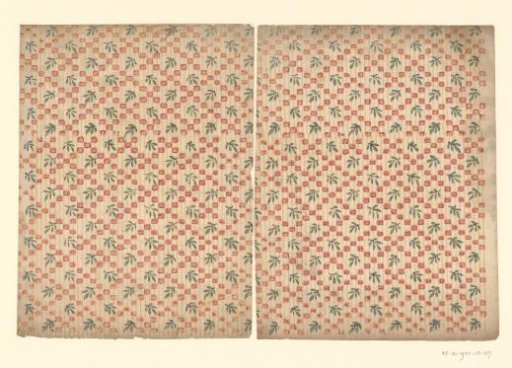 Two sheets with a grid pattern of blocks with leafy branch as field filling, on a continuous line ground