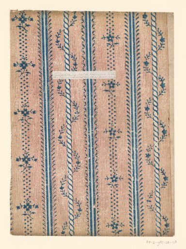 Tile with border pattern of wrapped staff with vine alternating with flower branch with dots on a ground of broken lines