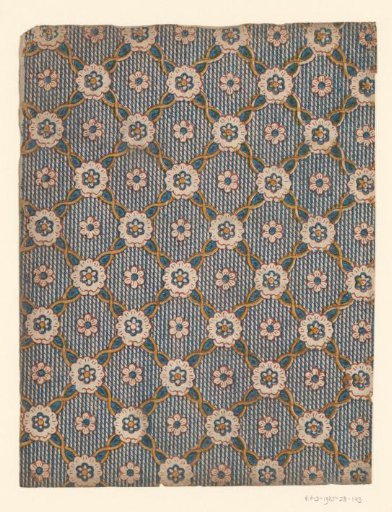 Tile with grid pattern with diagonal flower motif and flower as field filling on a ground of broken lines