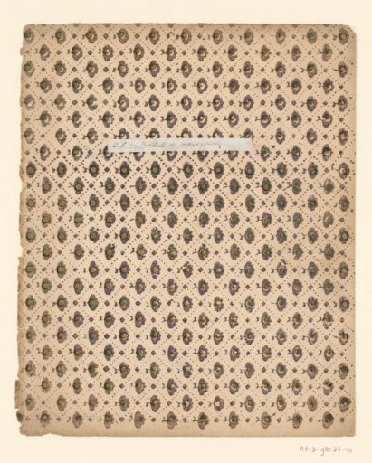 Diamond pattern of dots and oblique squares, with a fruit as field filling in purple and green, cover with label