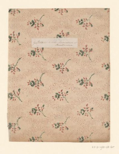 Sheet with a scatter pattern of a flower twig surrounded by winding bands of dots