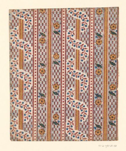 Sheet with a band pattern of a rod wrapped by a vine with fruits alternating with flowers on a broken line ground