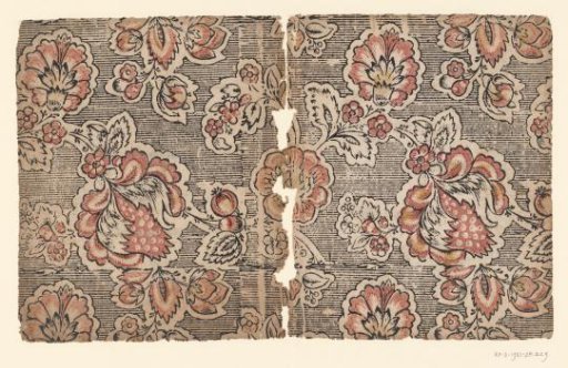 Two sheets with scattered pattern of flowers and fruits with an interrupted line ground