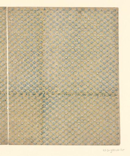 Scattered pattern of a flower motif in blue on a yellow ground