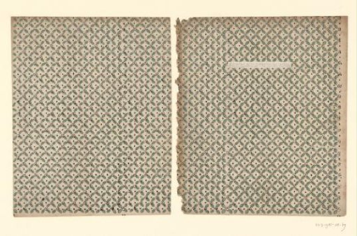 Two sheets with diamond pattern of leaves with diagonal motif consisting of circle of dots and a dot as field filling
