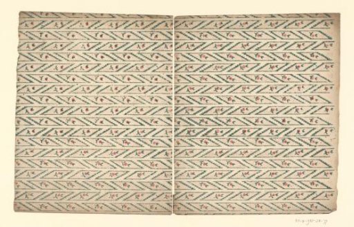 Two sheets with horizontal band pattern with flower twig as band filling between scalloped lines