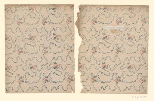 Two sheets with scattered pattern of flower on a point ground in red with winding lines