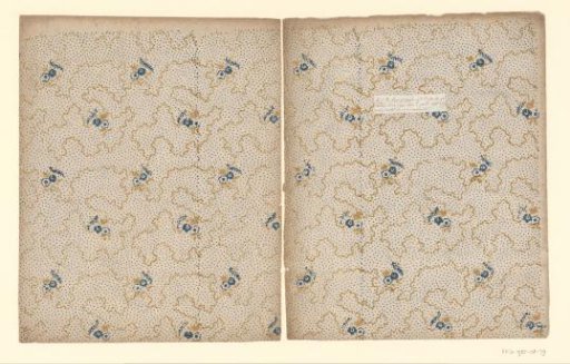 Two sheets with scattered pattern of flower on a point ground with winding lines