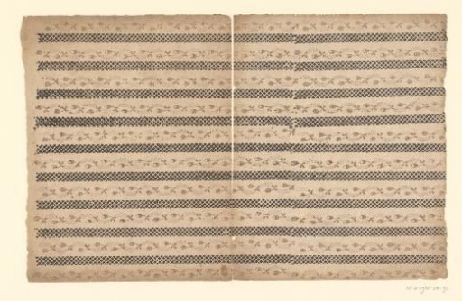 Two sheets with horizontal stripe pattern of lattice work and flower vines