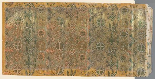 Sheet with scattered pattern of butterflies, flowers and plants, spheres and round forms with Japanese characters on a ground with meanders