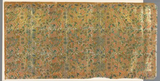 Sheet with scattered pattern of birds, flowers, insects and hanging baskets among vines
